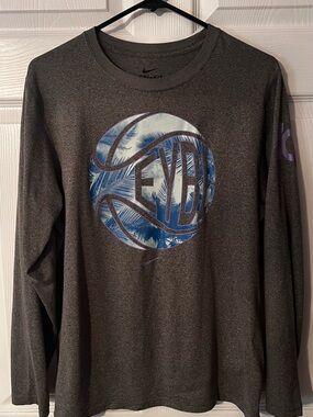 Nike EYBL Dri-Fit KD Charcoal Long Sleeve Tee with Blue Palm Basketball Graphic